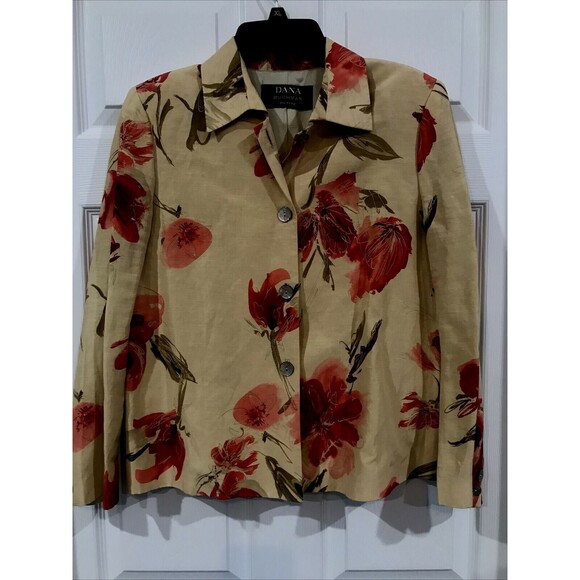 Dana Buchman Petite Linen & Silk Suit Jacket Gold Red Floral Poppies 12 - Picture 1 of 8